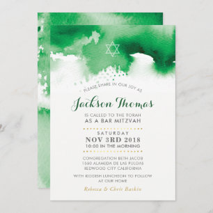 BAR MITZVAH star modern kelly green watercolor Invitation