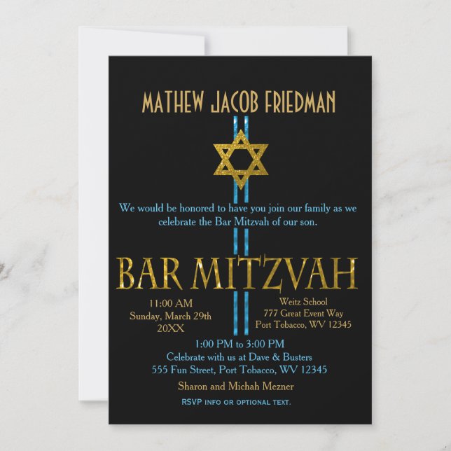 Bar Mitzvah | Star of David | Black Invitation (Front)