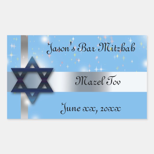 Bar Mitzvah, Star of David, Blue and Silver Rectangular Sticker (Front)