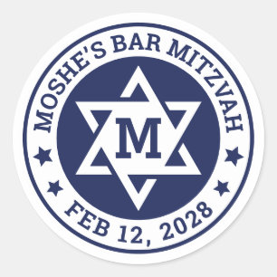 Bar mitzvah Star of David blue any color monogram Classic Round Sticker