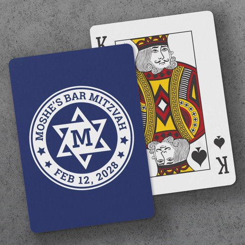 Bar mitzvah Star of David blue any color monogram Playing Cards