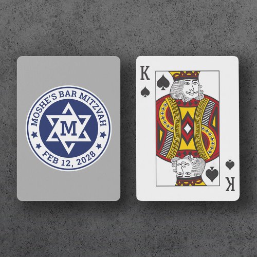 Bar mitzvah Star of David blue monogram gray Playing Cards