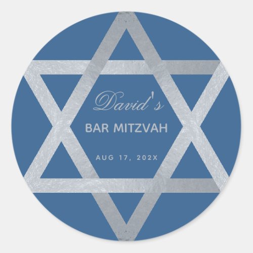 Bar Mitzvah Star of David Classic Blue Faux Silver Classic Round Sticker