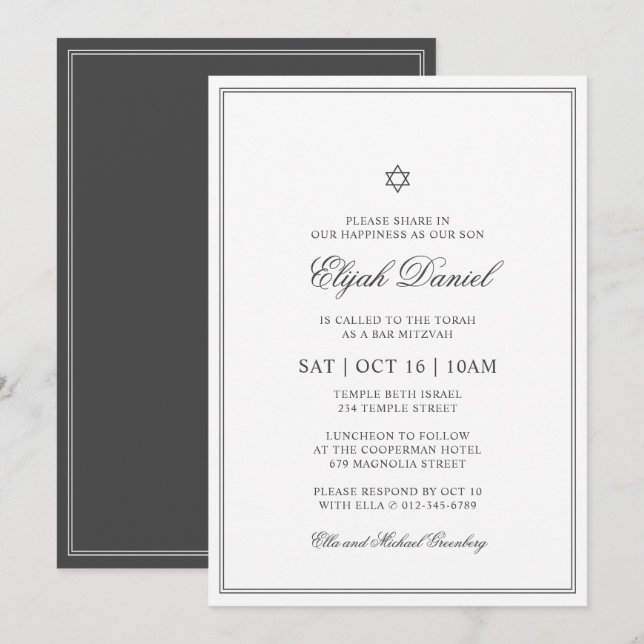 Bar Mitzvah Star of David Elegant Classic Invitation (Front/Back)
