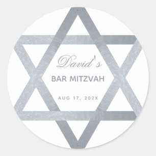 Bar Mitzvah Star of David Faux Silver Gray Script Classic Round Sticker
