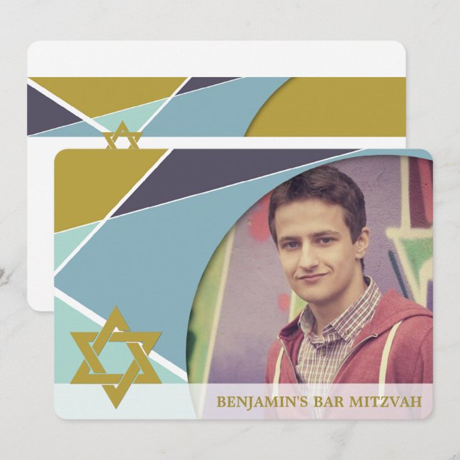 Bar Mitzvah Star Of David Geometric Photo Invite (Front/Back)