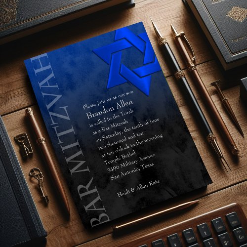 Bar Mitzvah Black and Blue Grunge Personalized Invitations
