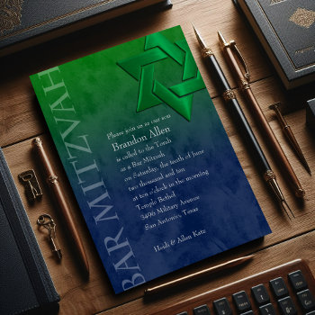Bar Mitzvah Stylish Green Star Of David Ombre Invitation by TailoredType at Zazzle