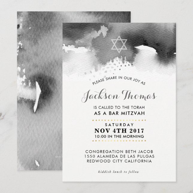 BAR MITZVAH stylish moody gray watercolor invite (Front/Back)