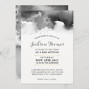 BAR MITZVAH stylish moody gray watercolor invite