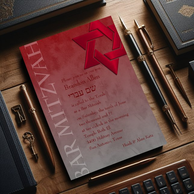 Bar Mitzvah Stylish Red Star of David Ombre Invitation (Creator Uploaded)