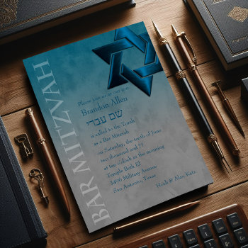 Bar Mitzvah Stylish Teal Blue Star Of David Ombre Invitation by TailoredType at Zazzle