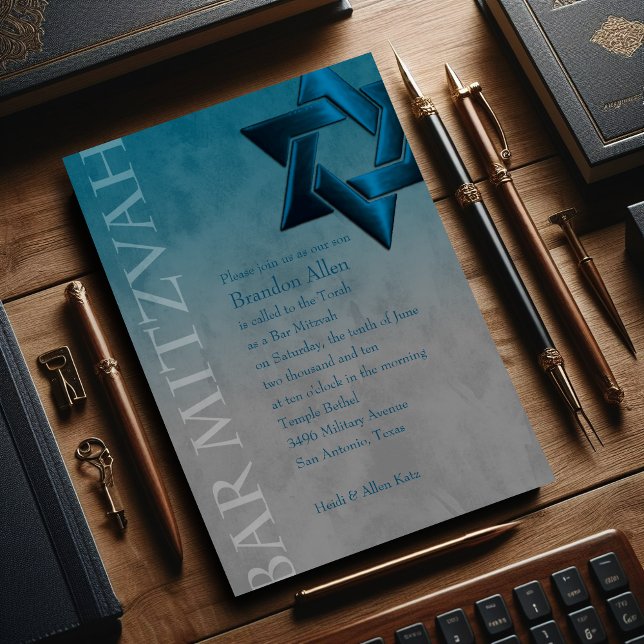 Bar Mitzvah Stylish Teal Blue Star of David Ombre Invitation (Creator Uploaded)