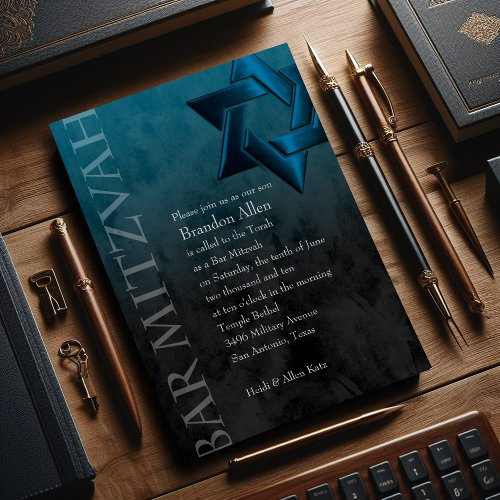 Bar Mitzvah Black and Teal Grunge Custom Announcement