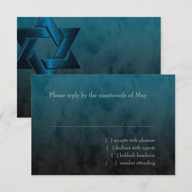Bar Mitzvah Stylish Teal Blue Star of David Ombre RSVP Card (Front/Back)