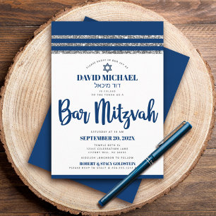 Bar Mitzvah Tallit Navy Blue Script Hebrew Name Invitation