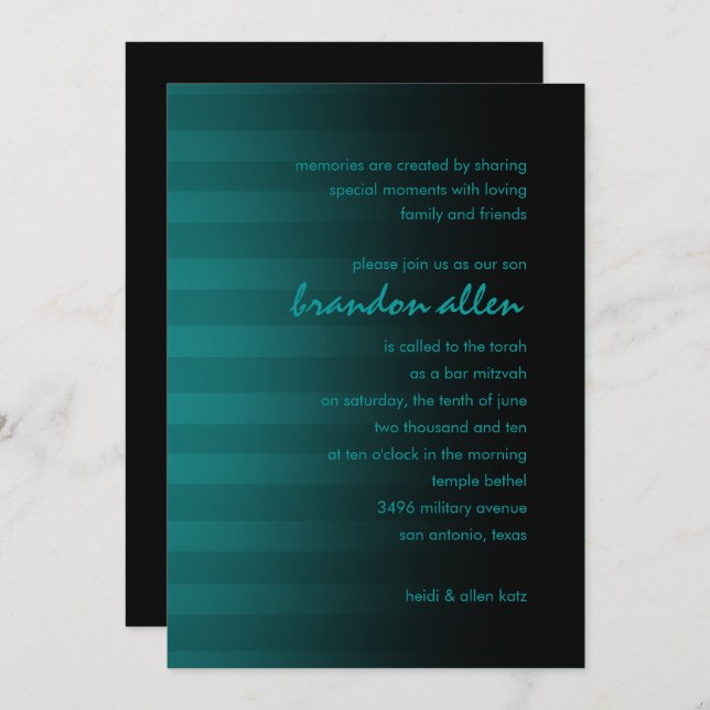 Bar Mitzvah Teal and Black Horizontal Stripe Invitation (Front/Back)
