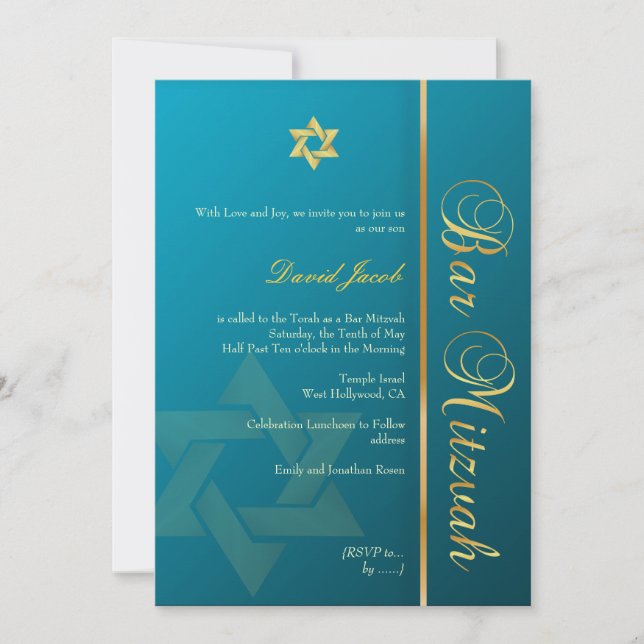 Bar Mitzvah/teal blue/gold Invitation (Front)