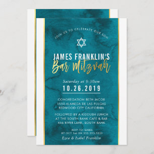 BAR MITZVAH teal blue watercolor gold script Invitation