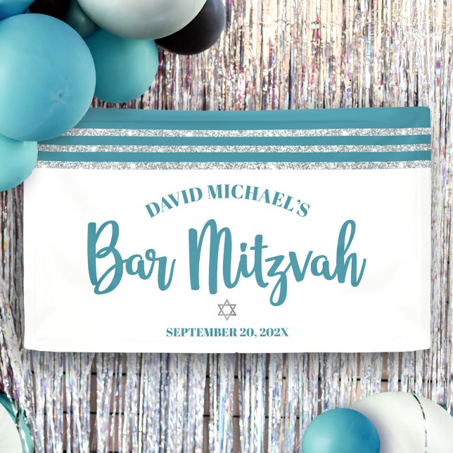 Bar Mitzvah Teal Silver Tallit Bold Script Modern Banner (Creator Uploaded)