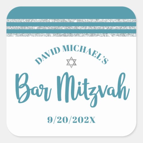 Bar Mitzvah Teal Silver Tallit Bold Script Modern Square Sticker