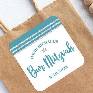 Bar Mitzvah Teal Silver Tallit Bold Script Modern Square Sticker