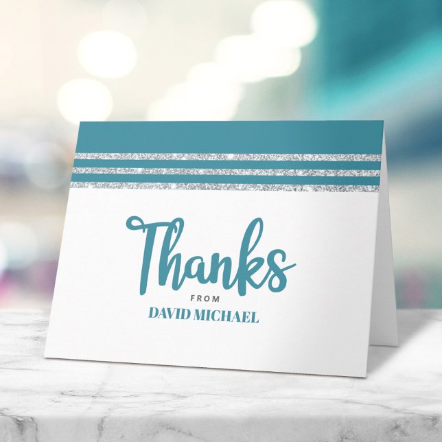 Bar Mitzvah Teal Silver Tallit Script Modern Bold Letterpress Thank You Card (Creator Uploaded)