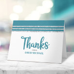Bar Mitzvah Teal Silver Tallit Script Modern Bold Thank You Card<br><div class="desc">Make sure your favorite Bar Mitzvah shows his appreciation to all who supported his milestone event! Send out this cool, unique, modern, personalized thank you card. Bold, dusty teal blue green script typography, Star of David and a dusty teal blue green and silver glitter striped tallit inspired graphic overlay a...</div>