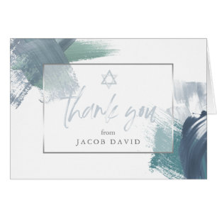 Bar Mitzvah Thank You Blue Green Dry Brushstrokes Cards