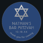 Bar Mitzvah Thank You Blue Silver Star of David Classic Round Sticker<br><div class="desc">Elegant modern blue and silver classic bar mitzvah "thank you" personalized stickers with custom name,  date and Star of David.</div>