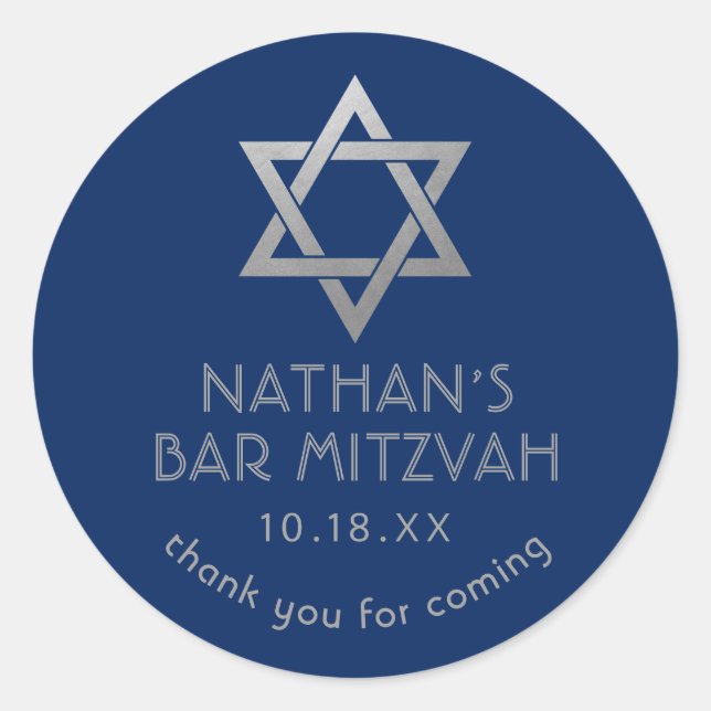 Bar Mitzvah Thank You Blue Silver Star of David Classic Round Sticker (Front)