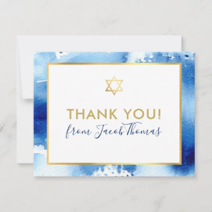 BAR MITZVAH thank you gold star blue watercolor Card