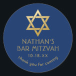 Bar Mitzvah Thank You Navy Blue Gold Star of David Classic Round Sticker<br><div class="desc">Elegant modern blue and gold classic bar mitzvah "thank you" personalized stickers with custom name,  date and Star of David.</div>