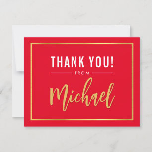 BAR MITZVAH thank you red gold name calligraphy Card