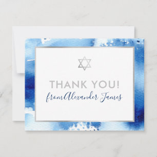 BAR MITZVAH thank you silver star blue watercolor