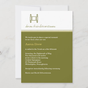 Bar Mitzvah Torah Olive Green Invitation