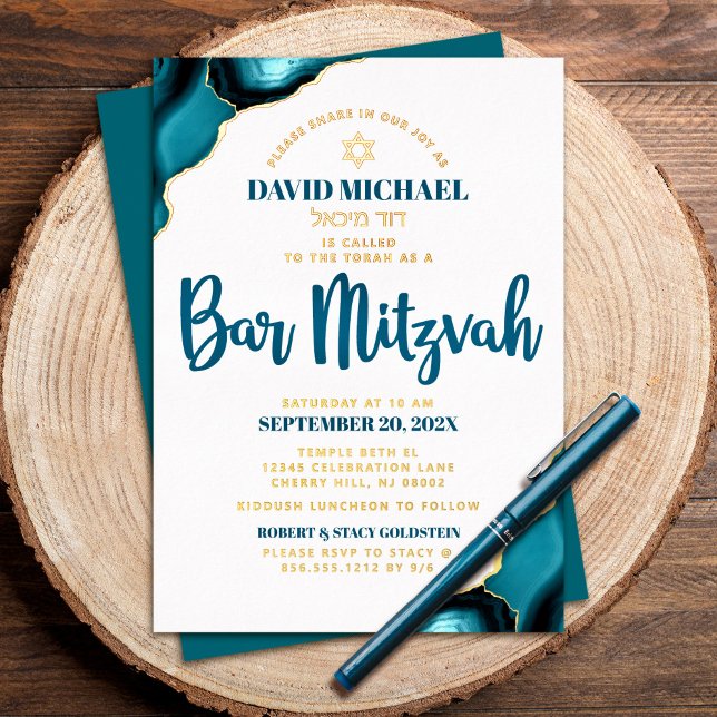 Bar Mitzvah Turquoise Agate Bold Script Real Gold Foil Invitation (Creator Uploaded)