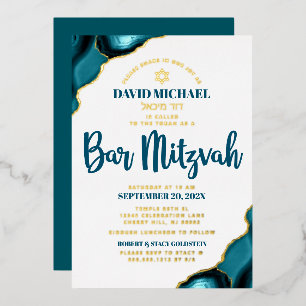 Bar Mitzvah Turquoise Agate Bold Script Real Gold Foil Invitation