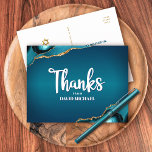 Bar Mitzvah Turquoise Agate Ombre Script Thank You Postcard<br><div class="desc">Make sure your favorite Bar Mitzvah shows his appreciation to all who supported his milestone event! Send out this cool, unique, modern, personalized thank you postcard. White handwritten script and bold sans serif typography overlay a deep teal blue ombre background with turquoise blue agate accented with faux gold veins. A...</div>