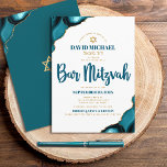 Bar Mitzvah Turquoise Agate Script Hebrew Name Invitation<br><div class="desc">Be proud, rejoice and showcase this milestone of your favorite Bar Mitzvah! Send out this cool, unique, modern, personalized, Hebrew name invitation for an event to remember. Dark teal blue script typography and faux gold Star of David overlay simple, clean white background with turquoise blue agate accented with faux gold...</div>