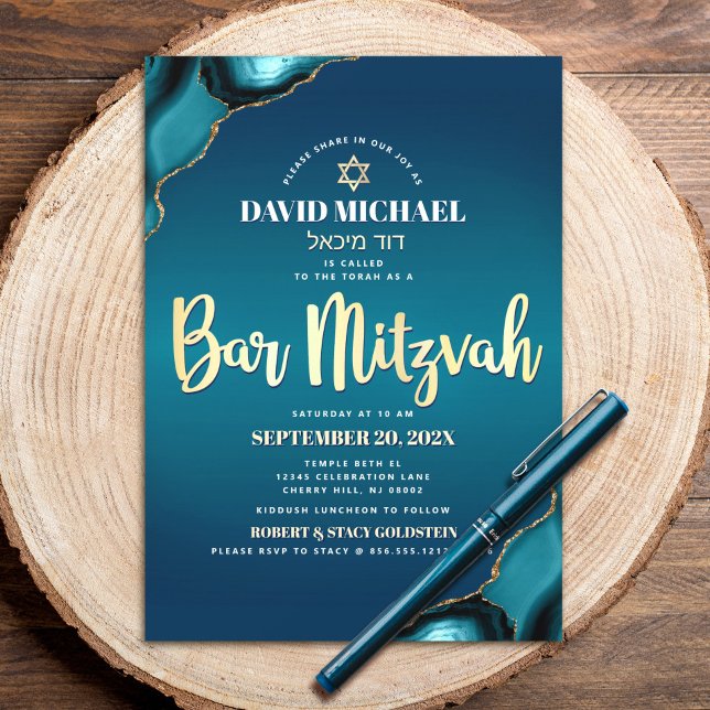 Bar Mitzvah Turquoise Ombre Agate Gold Script Bold Invitation (Creator Uploaded)
