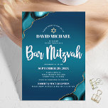 Bar Mitzvah Turquoise Ombre Agate Modern Script Invitation<br><div class="desc">Be proud, rejoice and showcase this milestone of your favorite Bar Mitzvah! Send out this cool, unique, modern, personalized invitation for an event to remember. White script typography and a faux gold Star of David overlay a deep turquoise teal blue ombre background with turquoise blue agate accented with faux gold...</div>