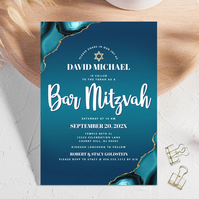 Bar Mitzvah Turquoise Ombre Agate Modern Script Invitation (Creator Uploaded)