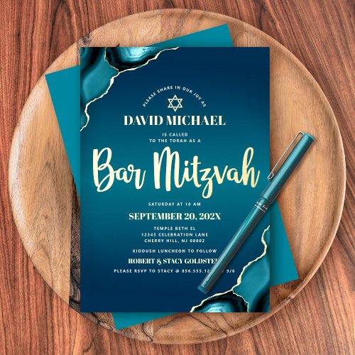 Bar Mitzvah Turquoise Ombre Agate Script Real Gold Foil Invitation