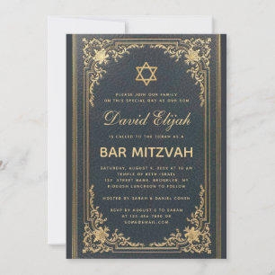 Bar Mitzvah Vintage Elegant Gold Star Dark Blue Invitation