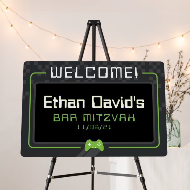 BAR MITZVAH WELCOME gamer cool black lime green Foam Board (In Situ (Stand))