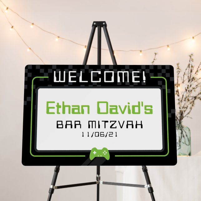 BAR MITZVAH WELCOME gamer cool black lime green Foam Board (In Situ (Stand))