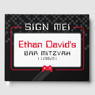 BAR MITZVAH WELCOME gamer cool trendy black red Guest Book