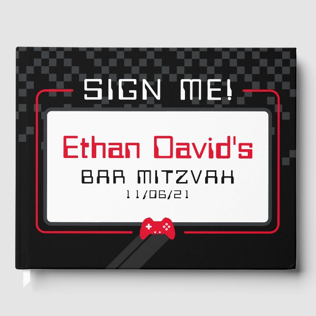BAR MITZVAH WELCOME gamer cool trendy black red Guest Book (Front)