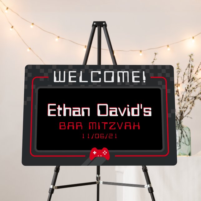 BAR MITZVAH WELCOME gamer trendy cool black red Foam Board (In Situ (Stand))